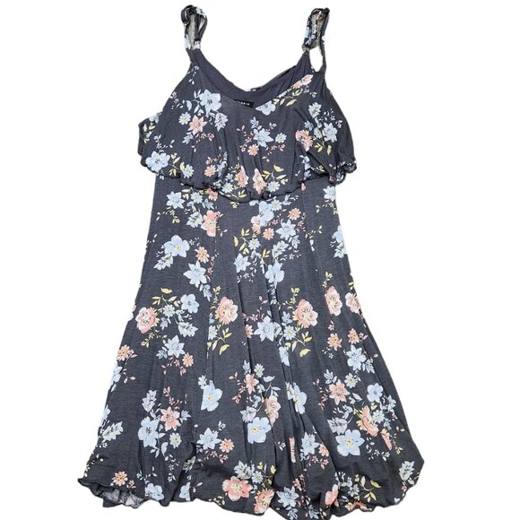 Torri Breezy Grey Floral Flowy Stretch Lined ruffle Mini Dress Plus Size 00 - Picture 2 of 7